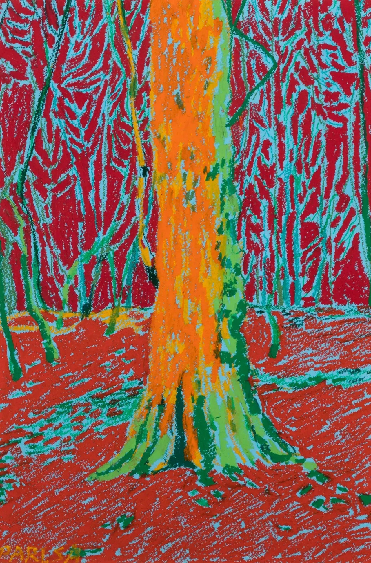 "Forest of Light" Painting by Parisa Shojazadeh- Oil Pastel on Cardboard 16.14" H × 11.42" W