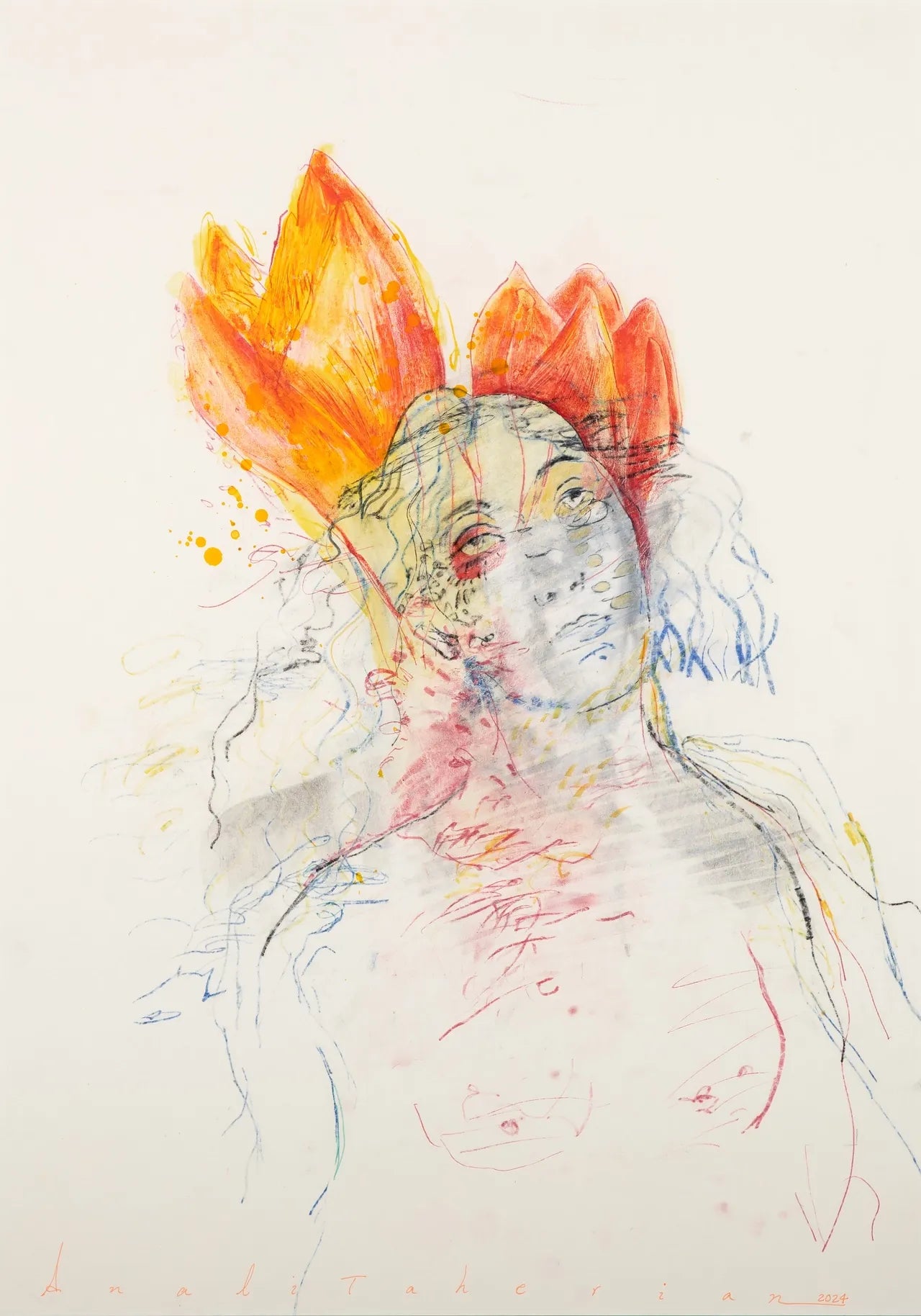 "Wound Flower" Painting by Anali Taherian- Composition of materials on replica cardboard (H: 23.23″ × W: 16.34″)