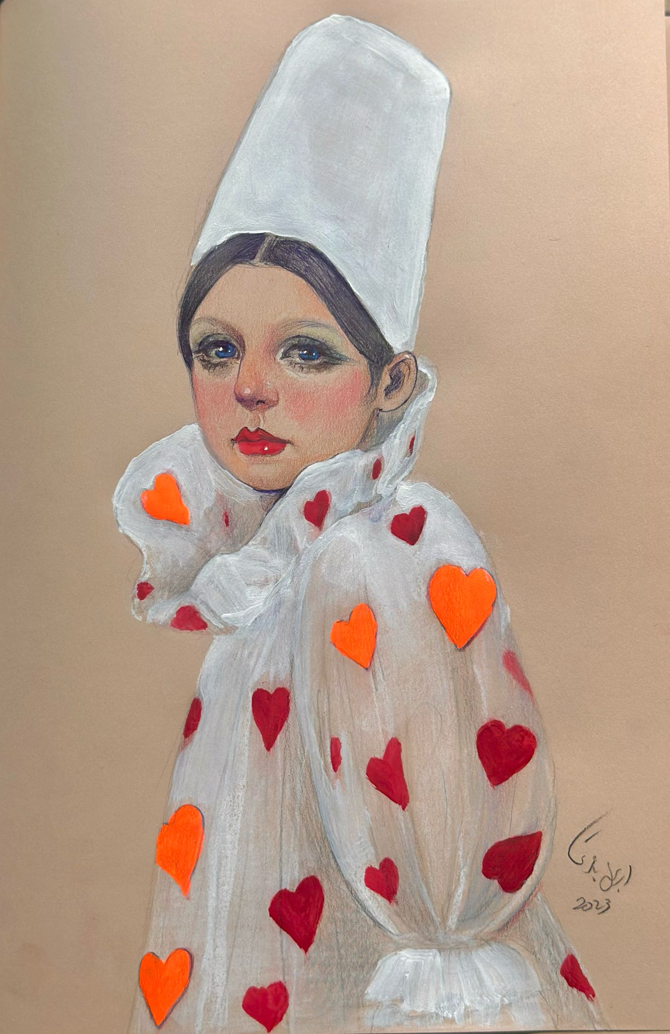 A woman in white dress and white long hat. Red hearts are on her dress. the eyes and lips shining.