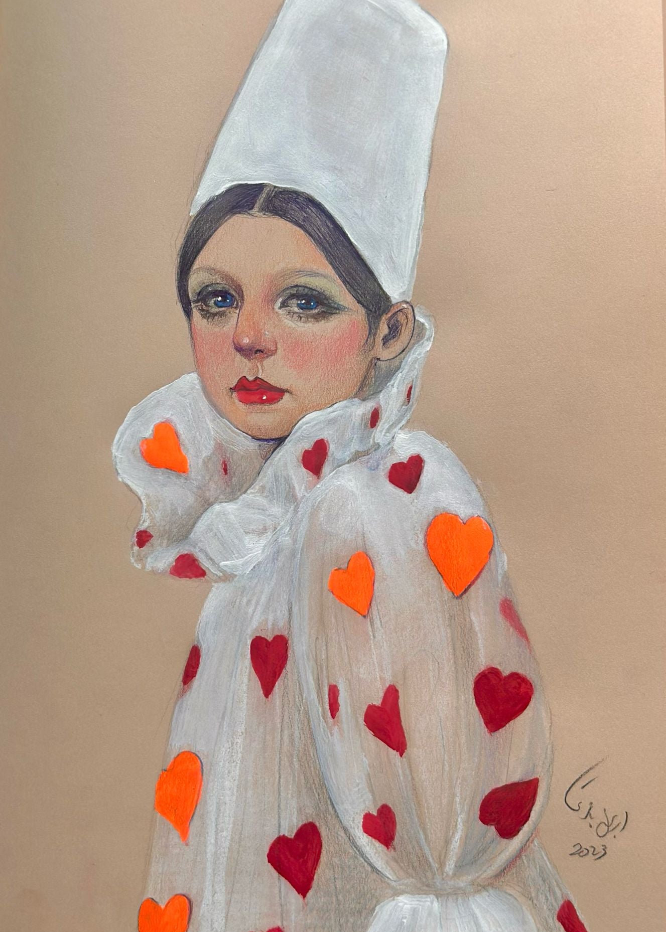 A woman in white dress and white long hat. Red hearts are on her dress. the eyes and lips shining.