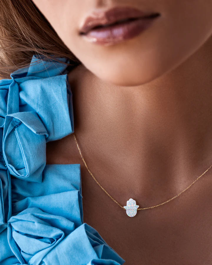 Oyster White Hamsa Hand Necklace 18k by Tille