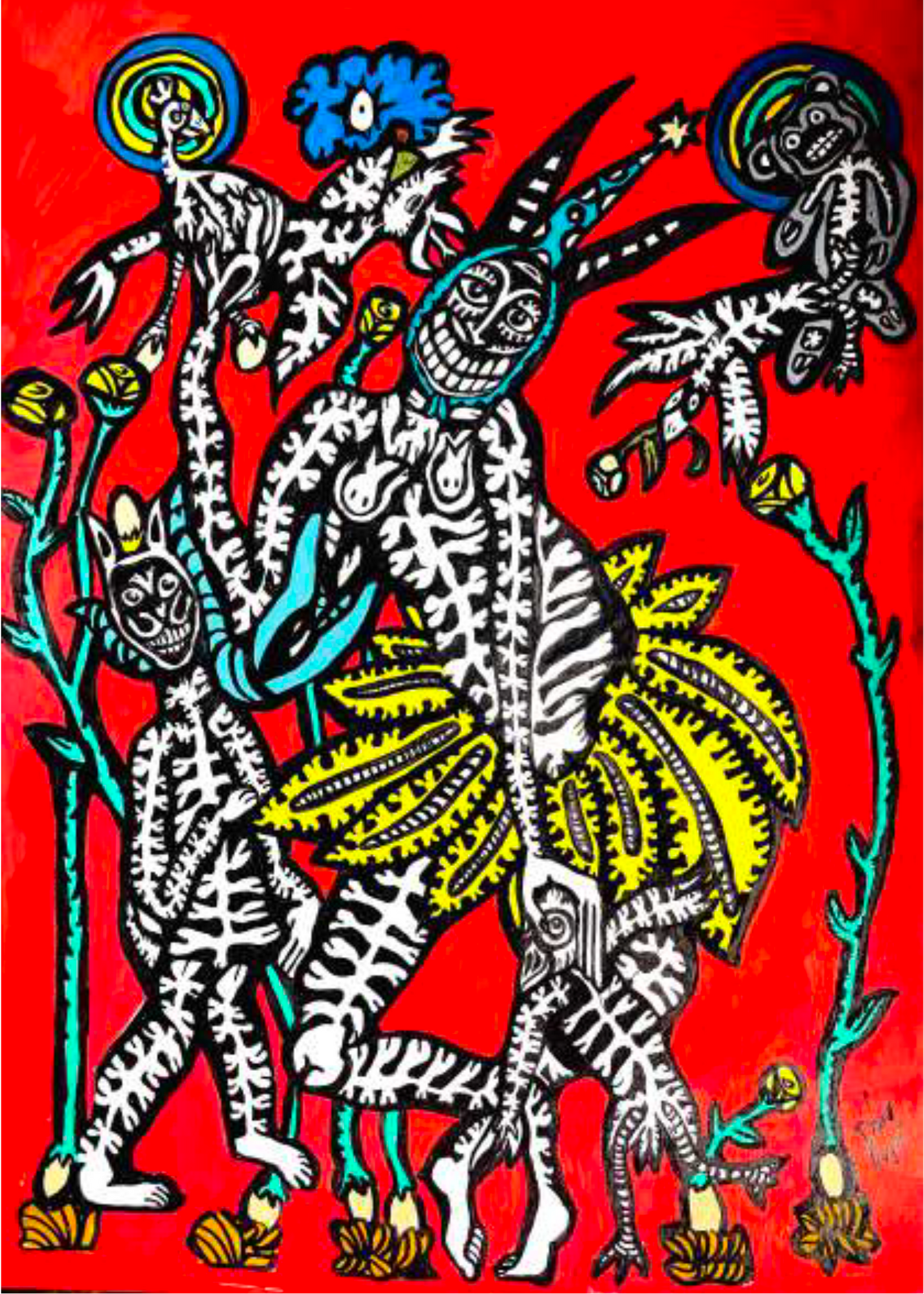 Some human and animal figures on red background.