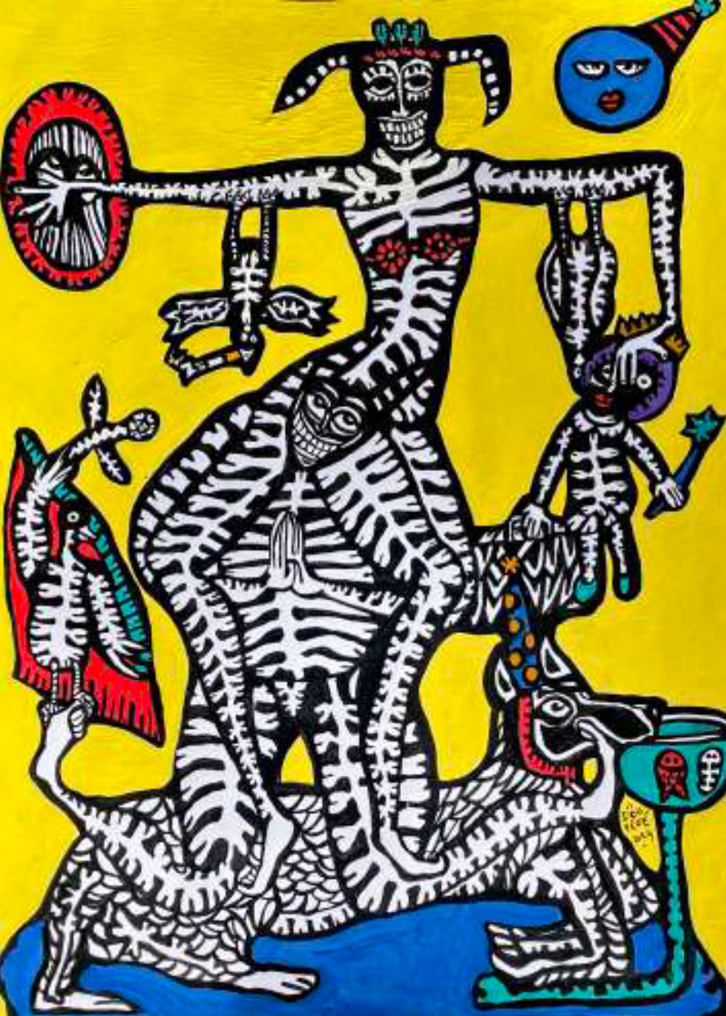 Some human and animal figures on yellow background.