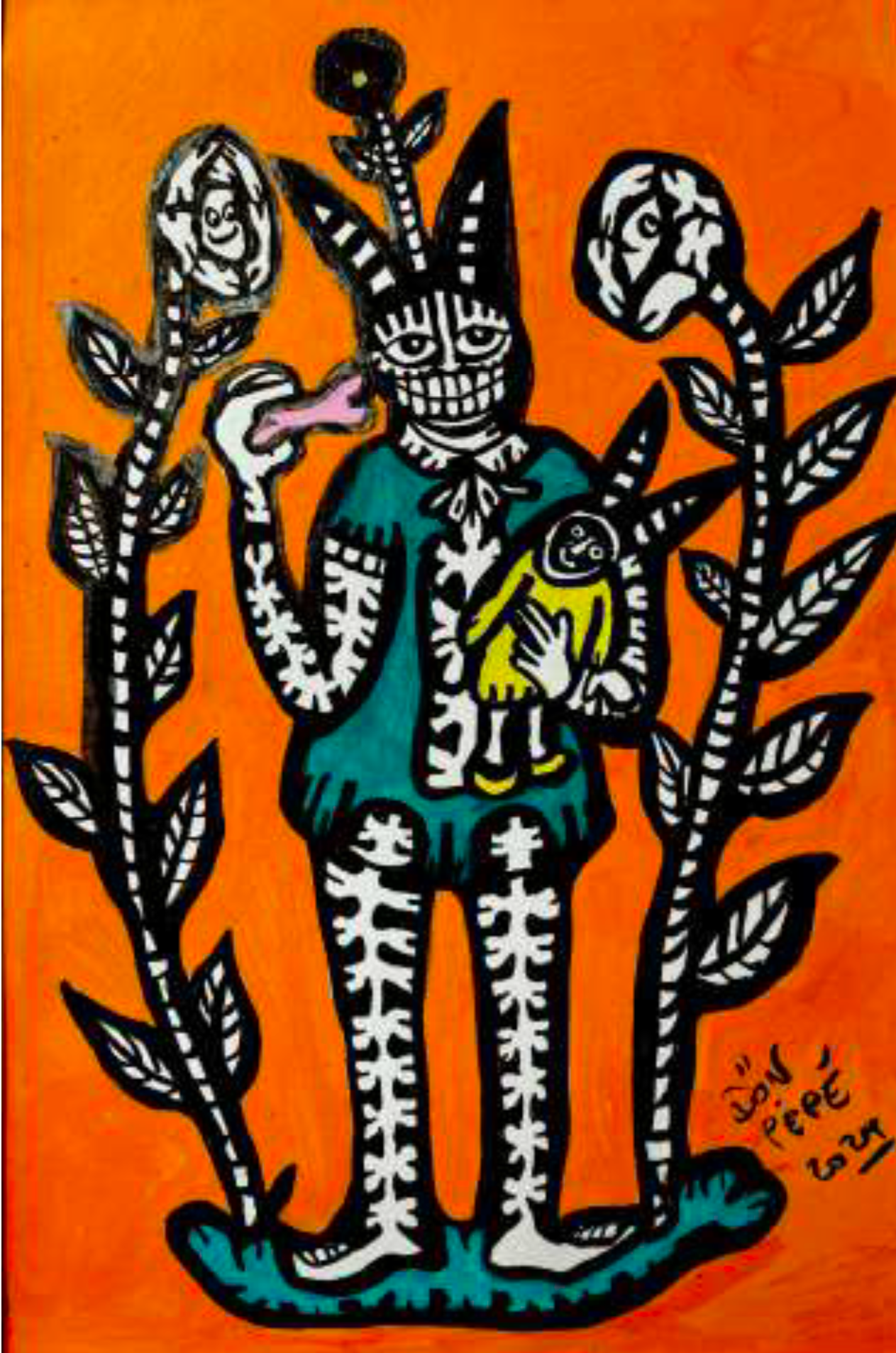 Some plant and human and animal figures on orange background.