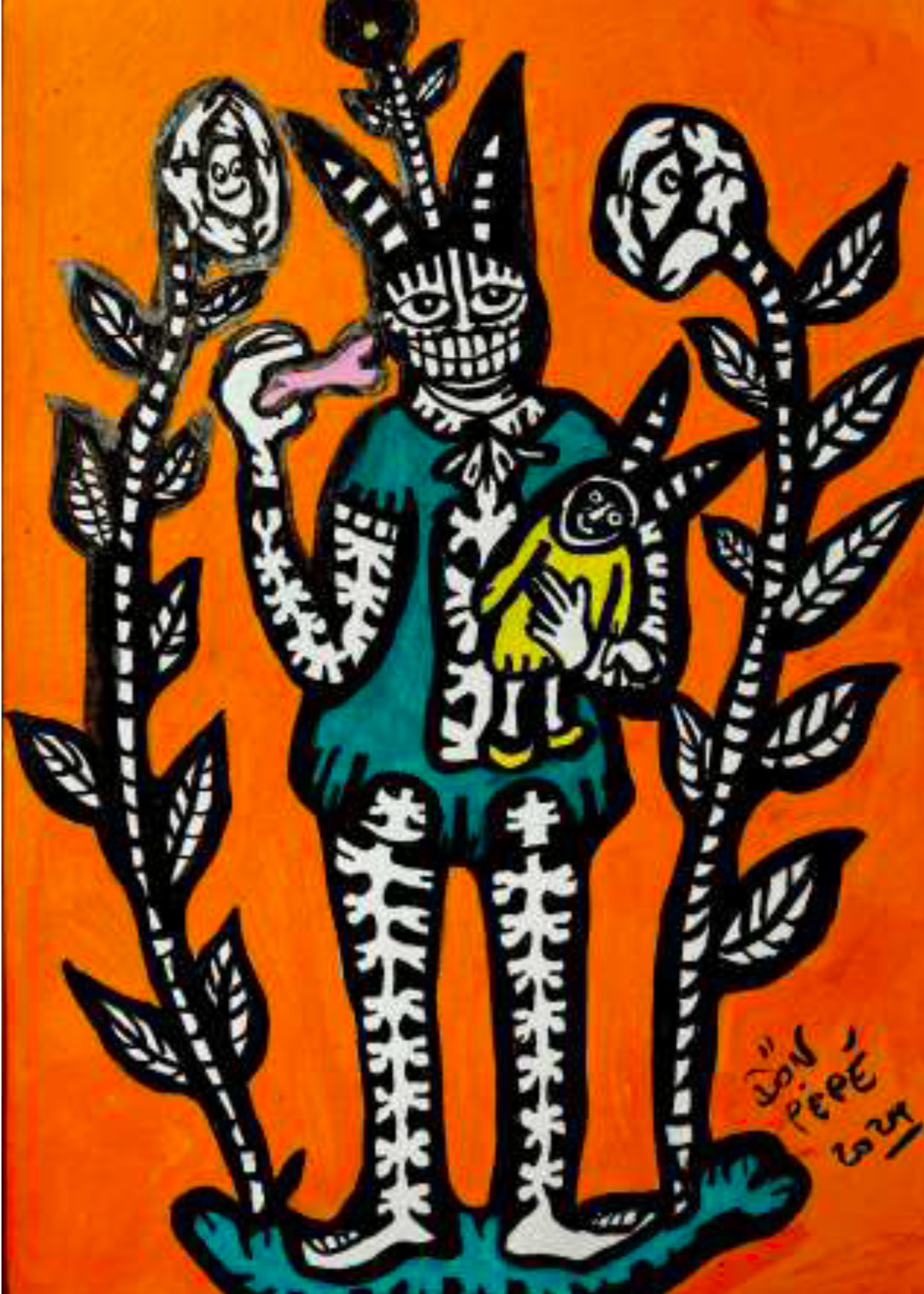 Some plant and human and animal figures on orange background.