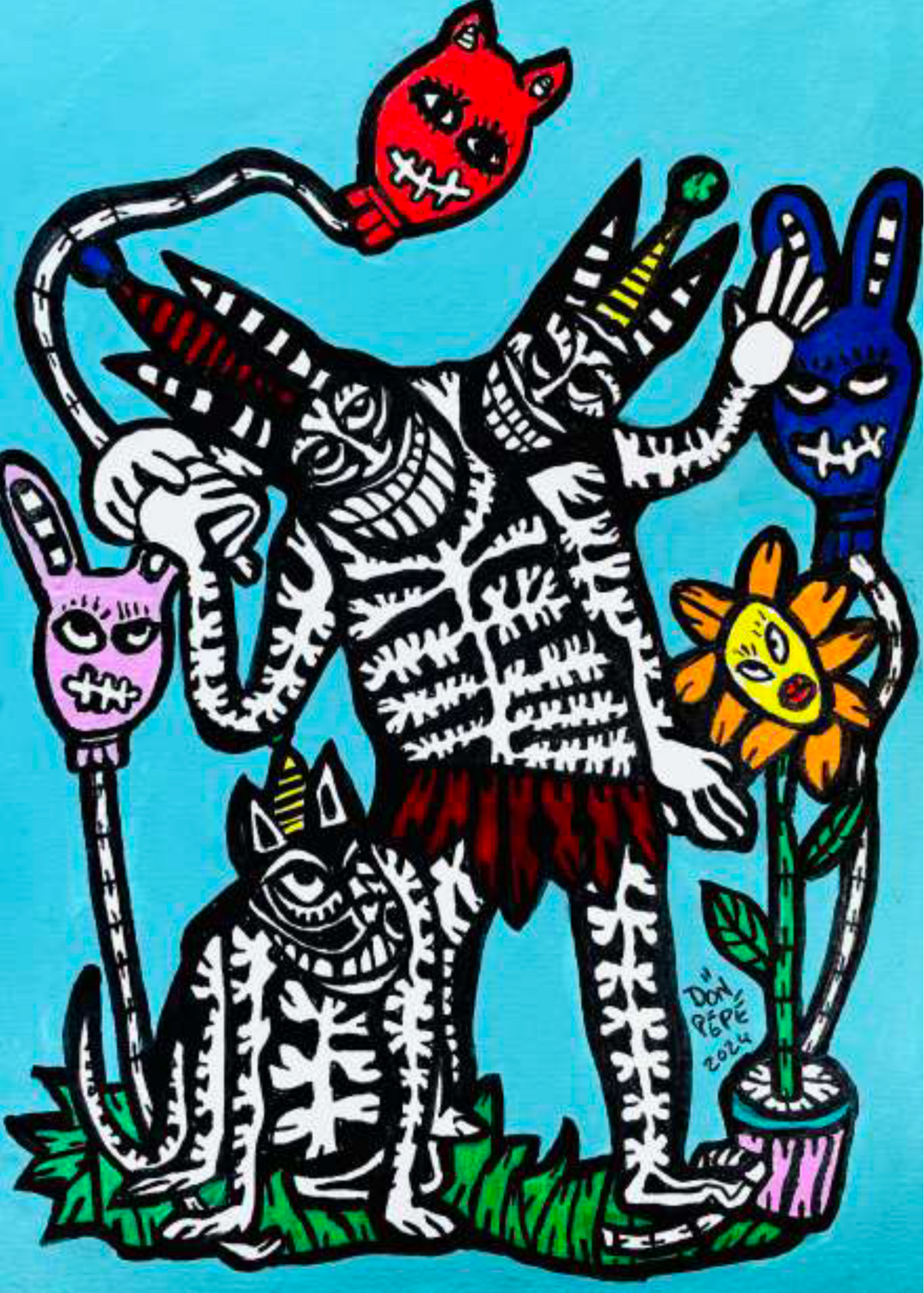 Some human and animal figures on blue background.