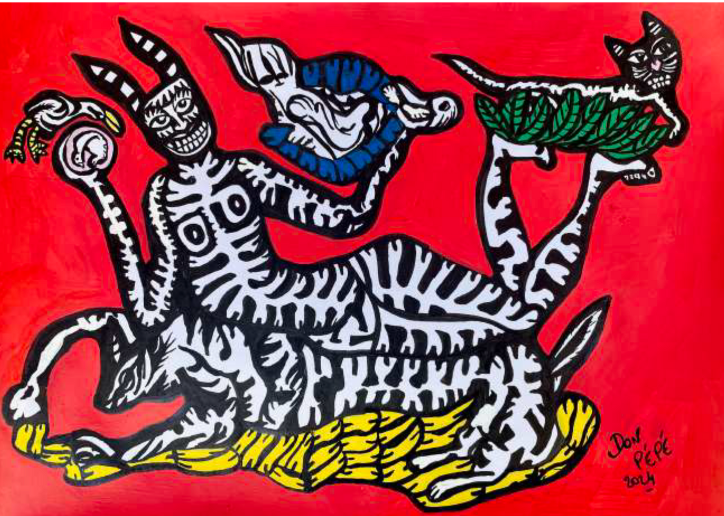 Some human and animal figures on red background.