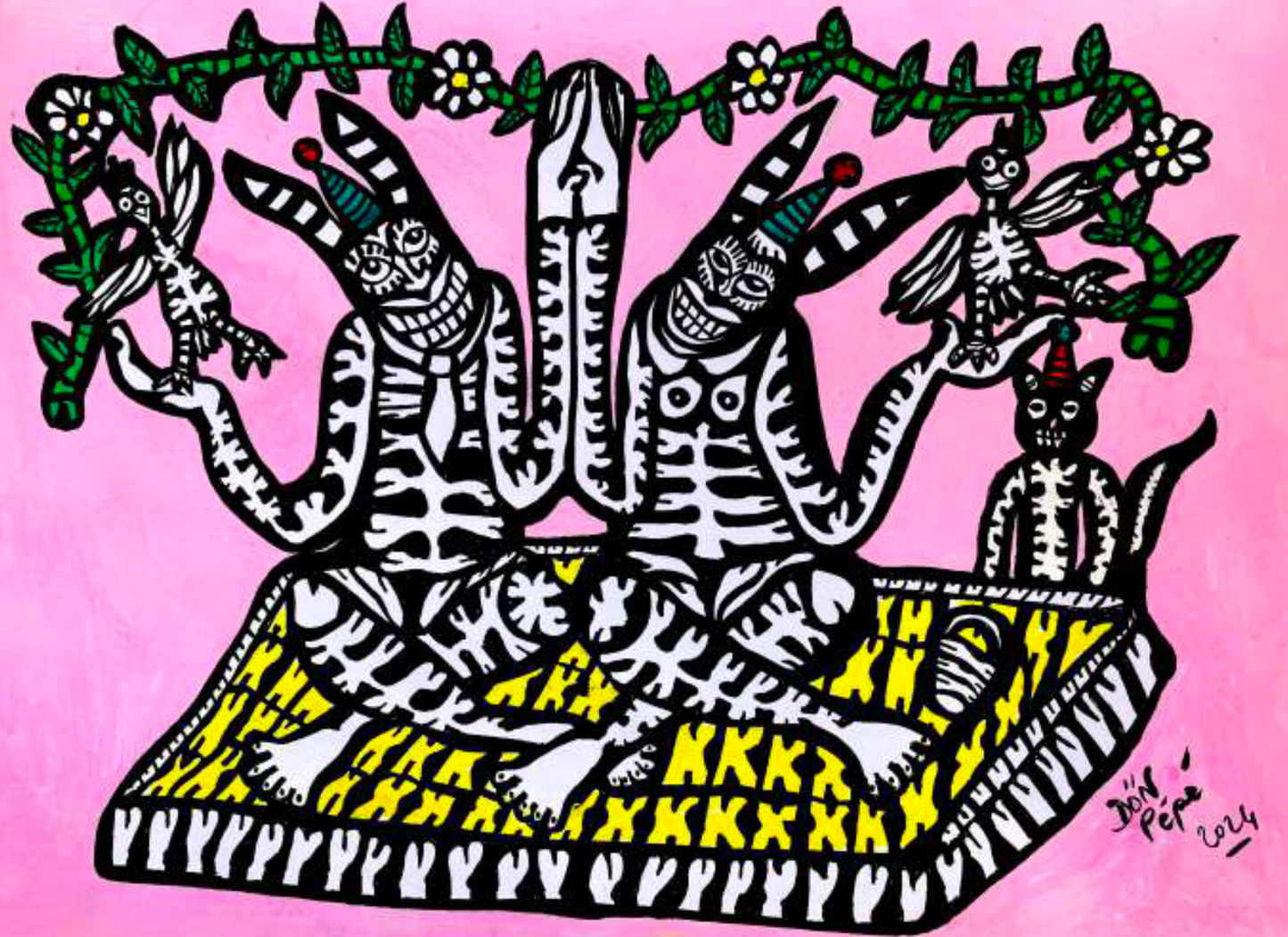 Some human and animal figures on pink background.