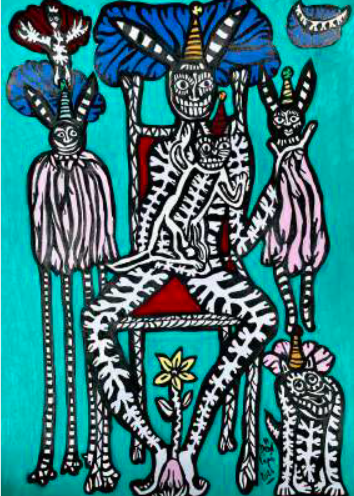 Some human and animal figures on blue background.