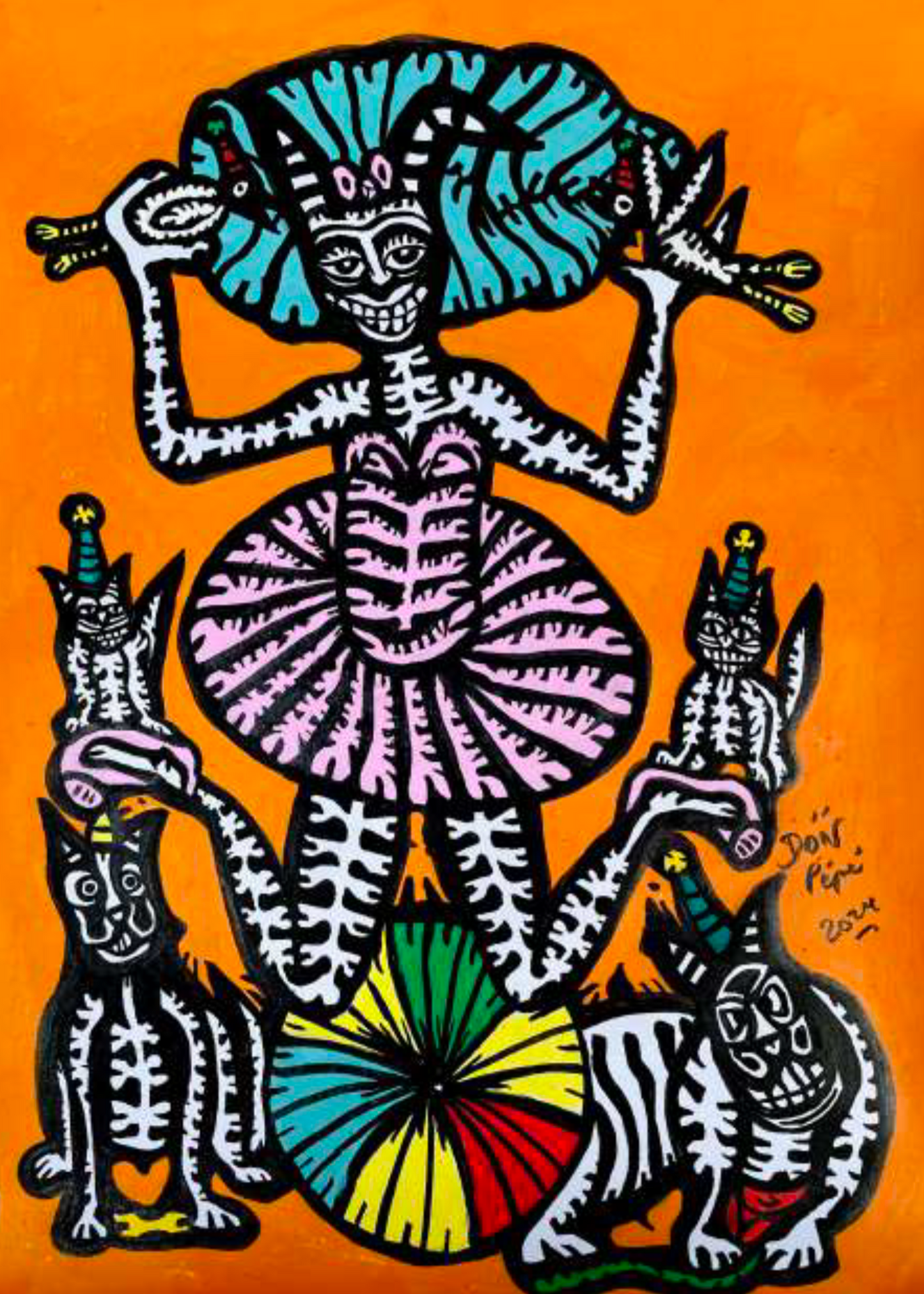 Some human and animal figures on orange background.