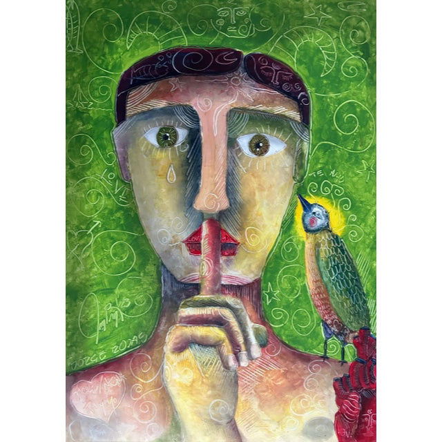 A man showing silence with his hand and a bird is on his shoulder.