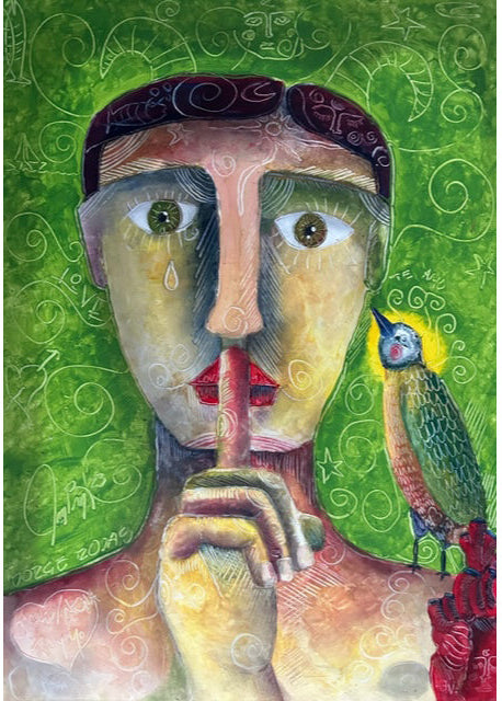 A man showing silence with his hand and a bird is on his shoulder.
