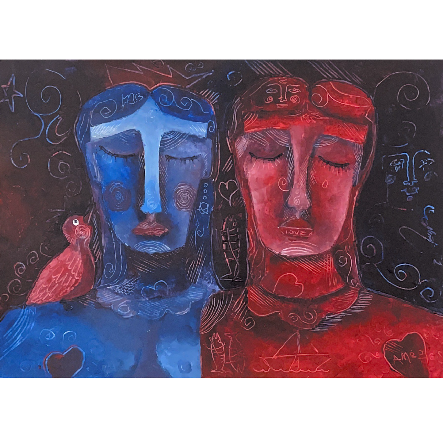 Red and Blue painting by Jorge Roja- Acrylic on Paper