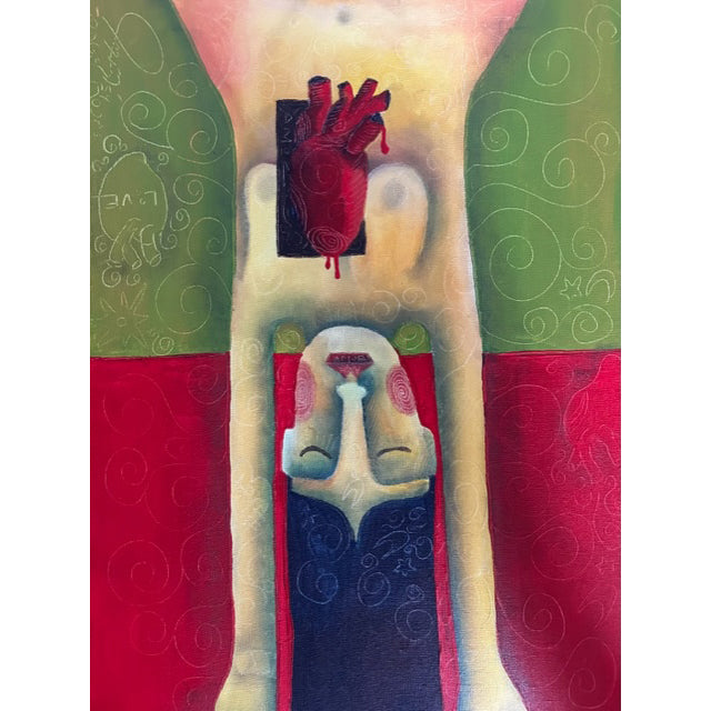 A lady on a green and red background hanging.