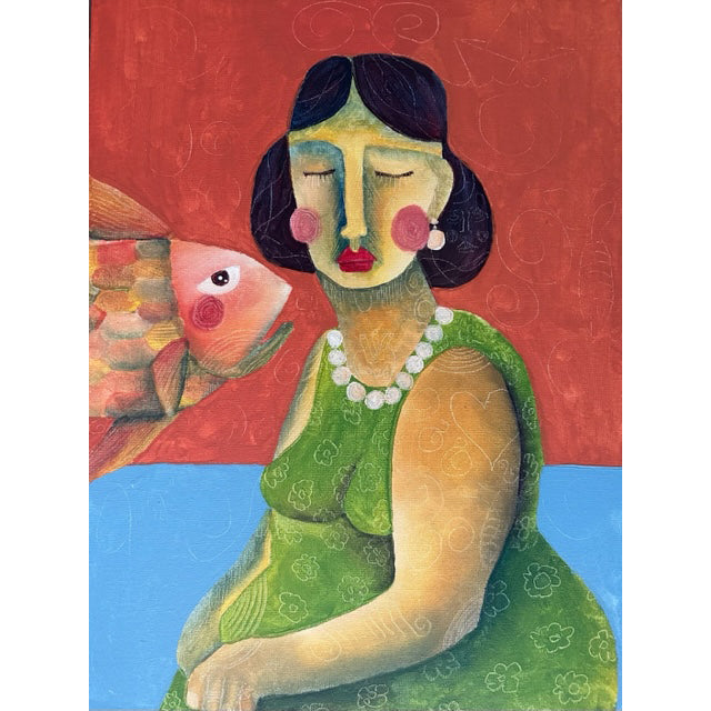 A lady in green, on red and blue background. a big fish's head is beside her.