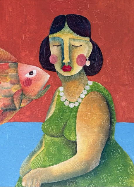 A lady in green, on red and blue background. a big fish's head is beside her.