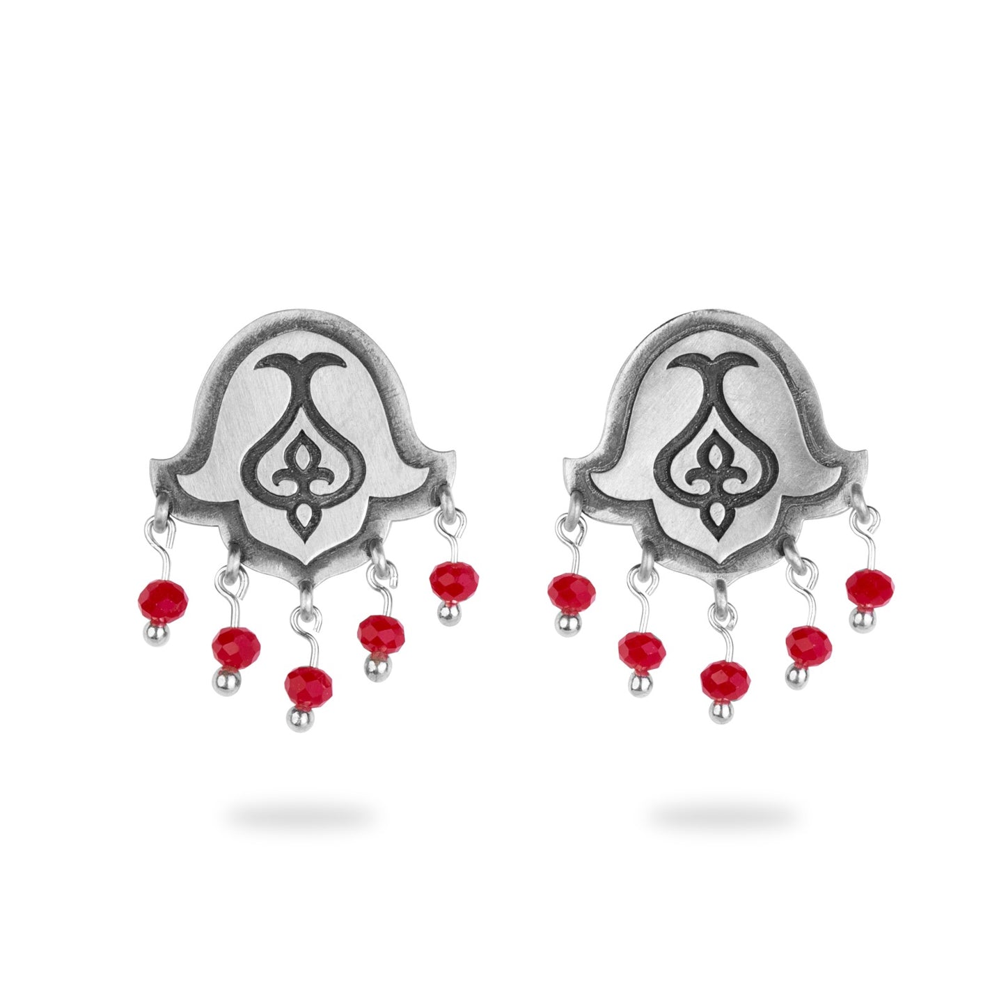 Upside-Down Tulip Silver Earrings with 5 Red Drop Stones – Designed by Zargoon