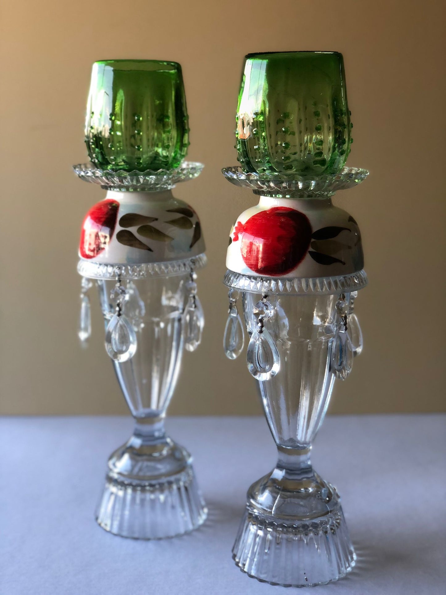 Upcycled Crystal Candle Holders with Green Glass Top and Pomegranate Detail by BolourJan