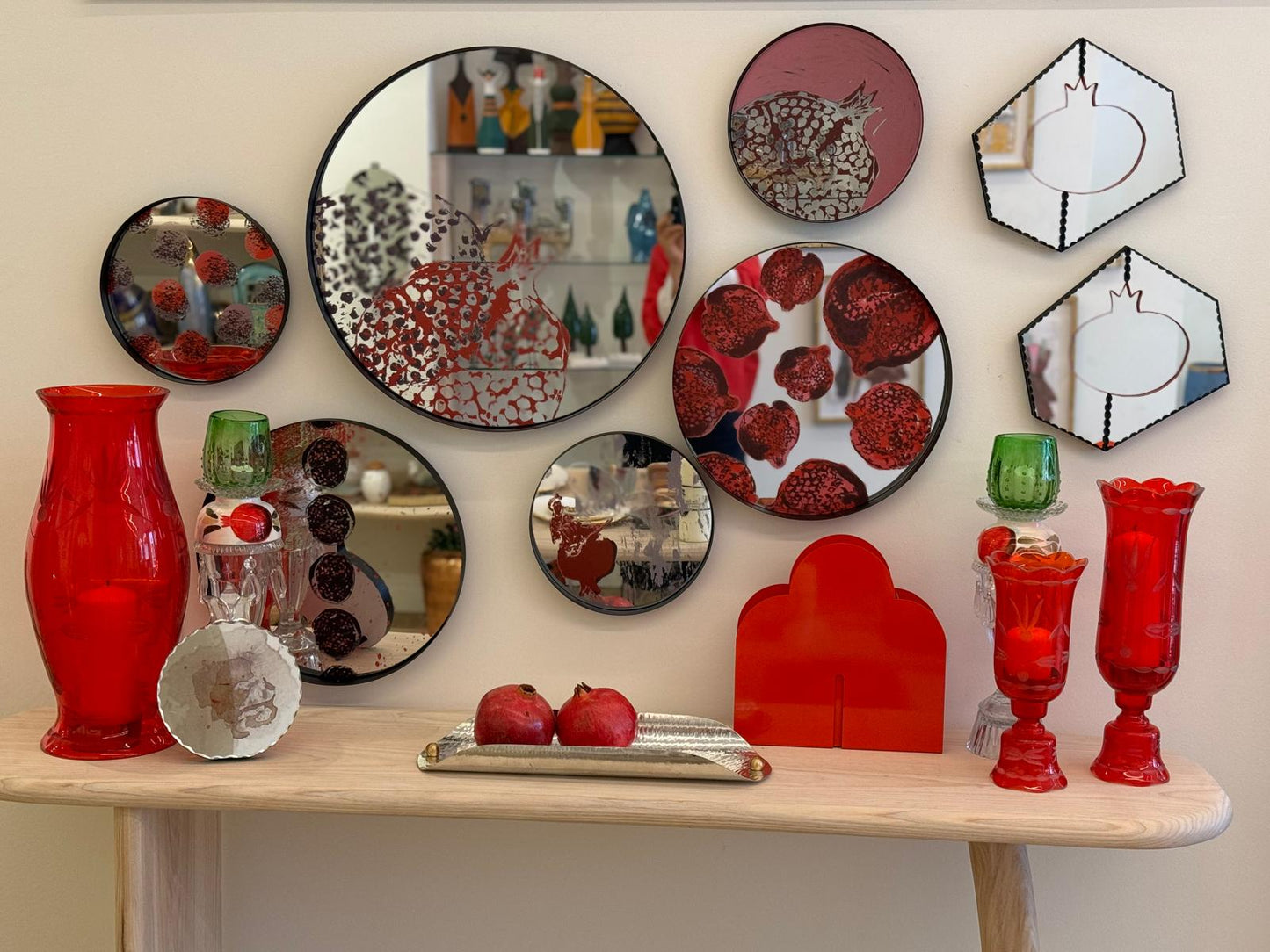 Metal-Framed Round Mirror with Black and Red Pomegranates Printed by Rashed