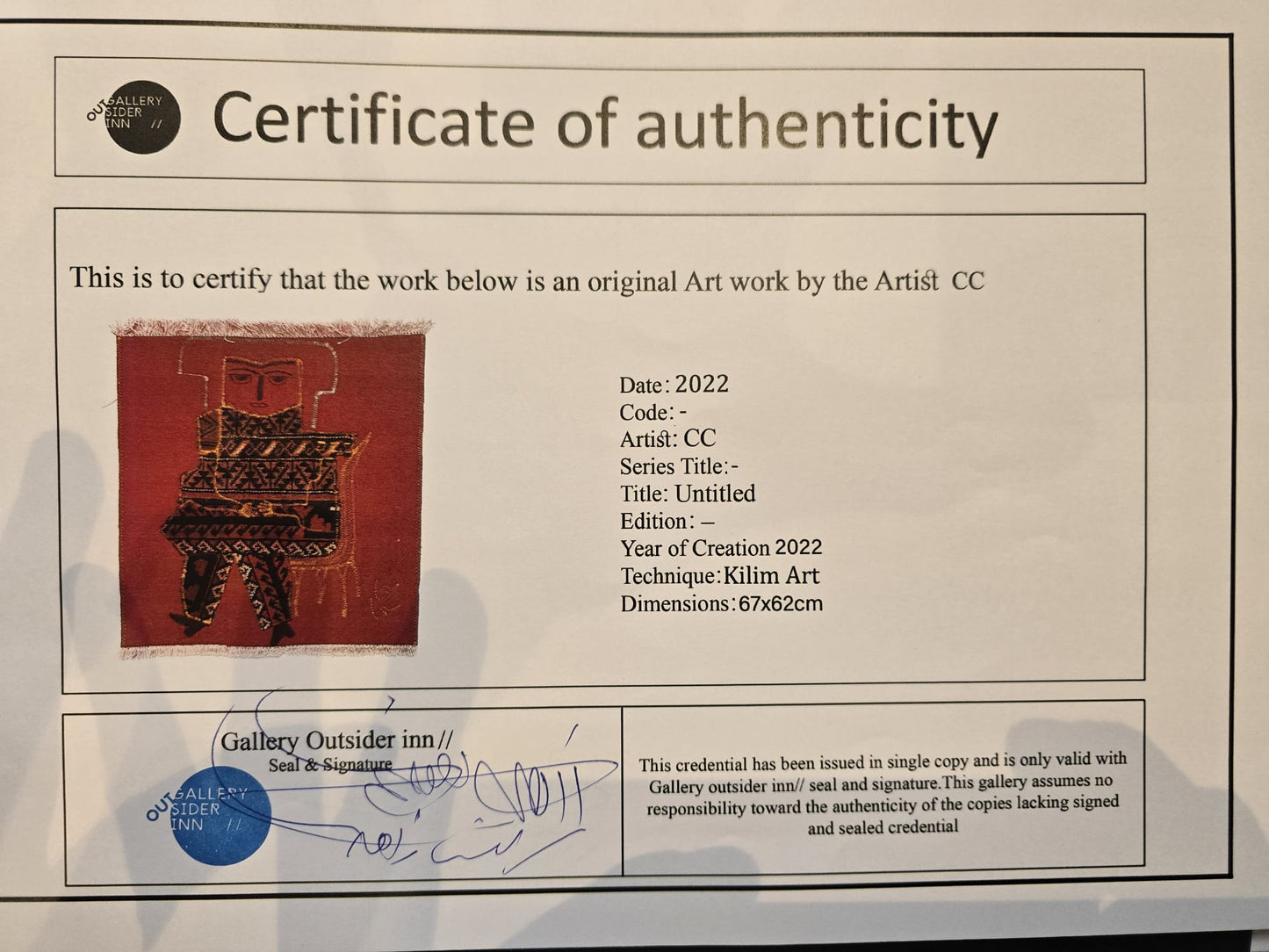 "Untitled" Textile Art by CC - Kilim Art (H: 26.38 in × W: 24.41 in)