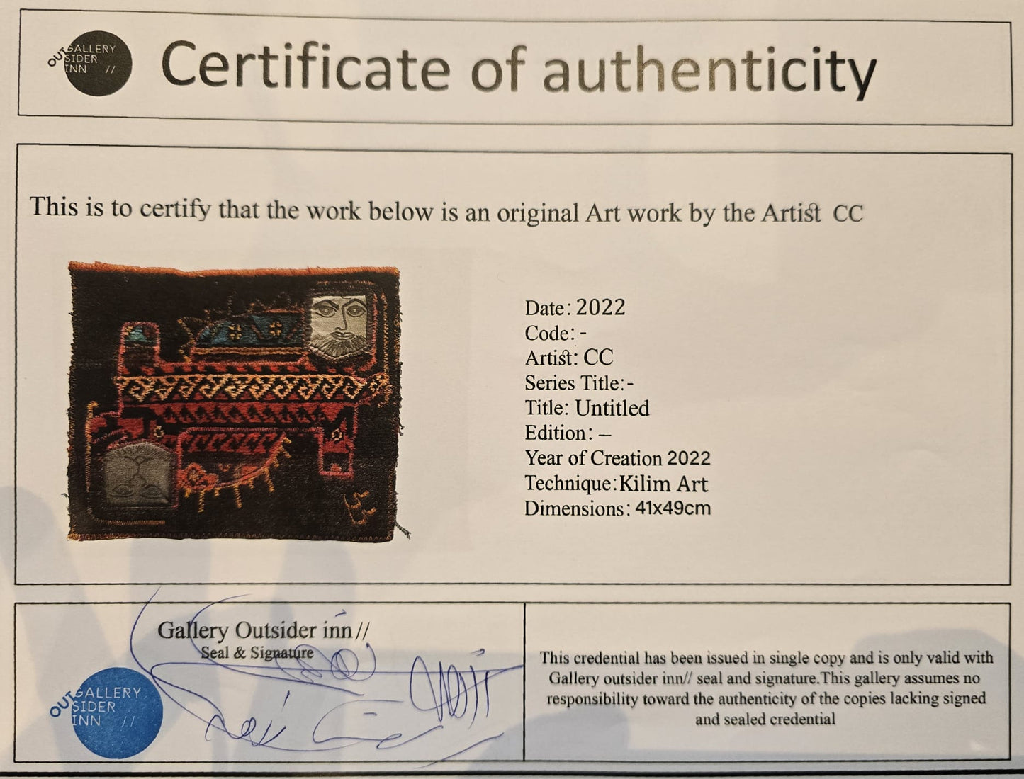 "Untitled" Textile Art by CC - Kilim Art (H: 16.14 in × W: 19.29 in)