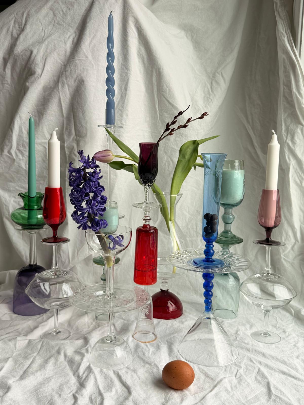 Set of Two Upcycled Glass Candle Holders – Green Top, Purple Body by Melika Shafahi