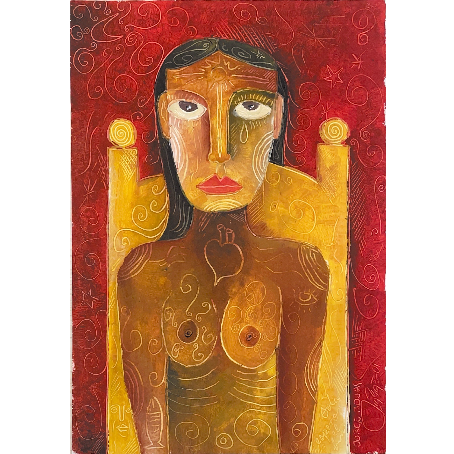"Woman in throne" by Jorge Roja, Acrylic on Paper (19.69" × 13.78")