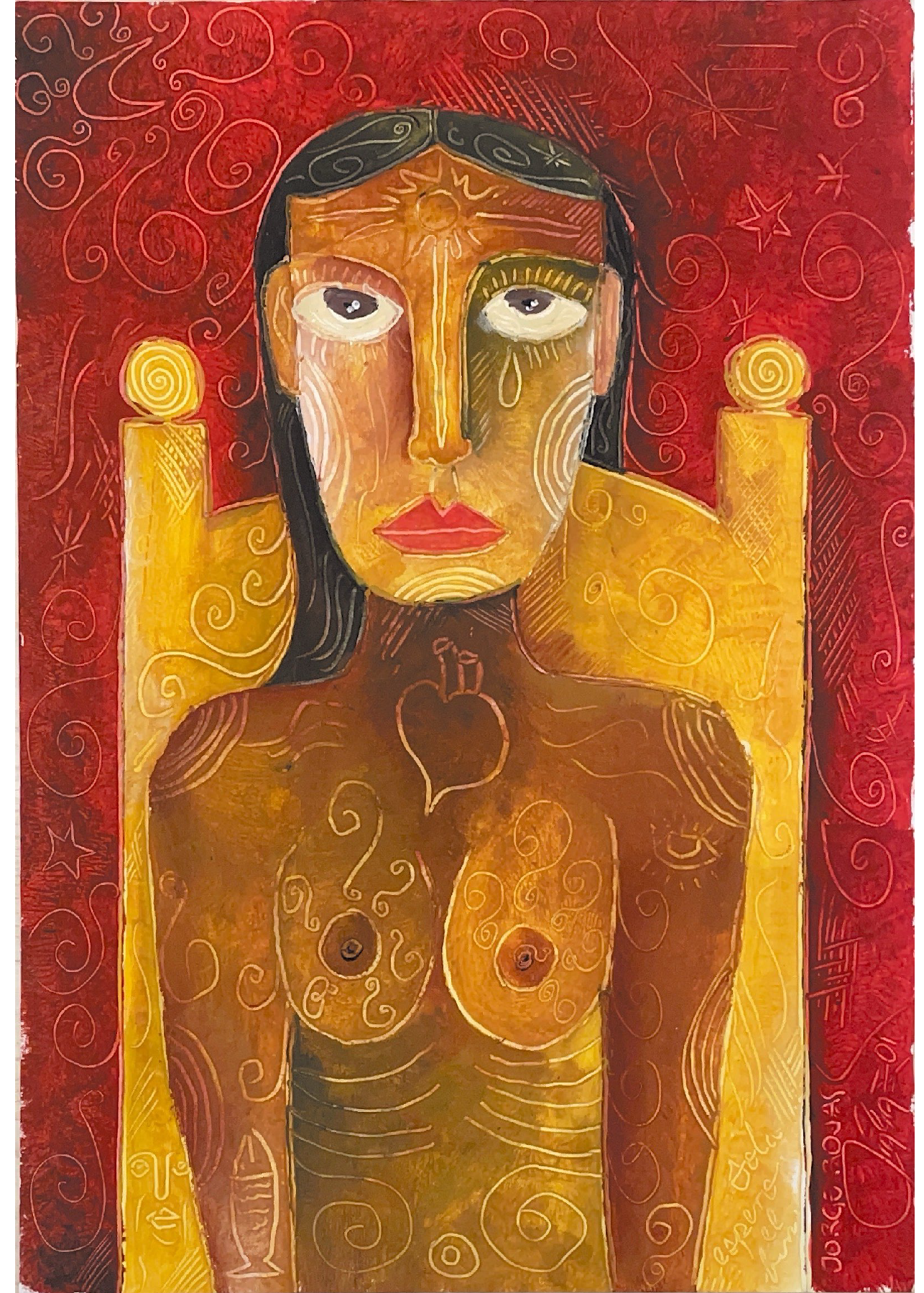 "Woman in throne" by Jorge Roja, Acrylic on Paper (19.69" × 13.78")
