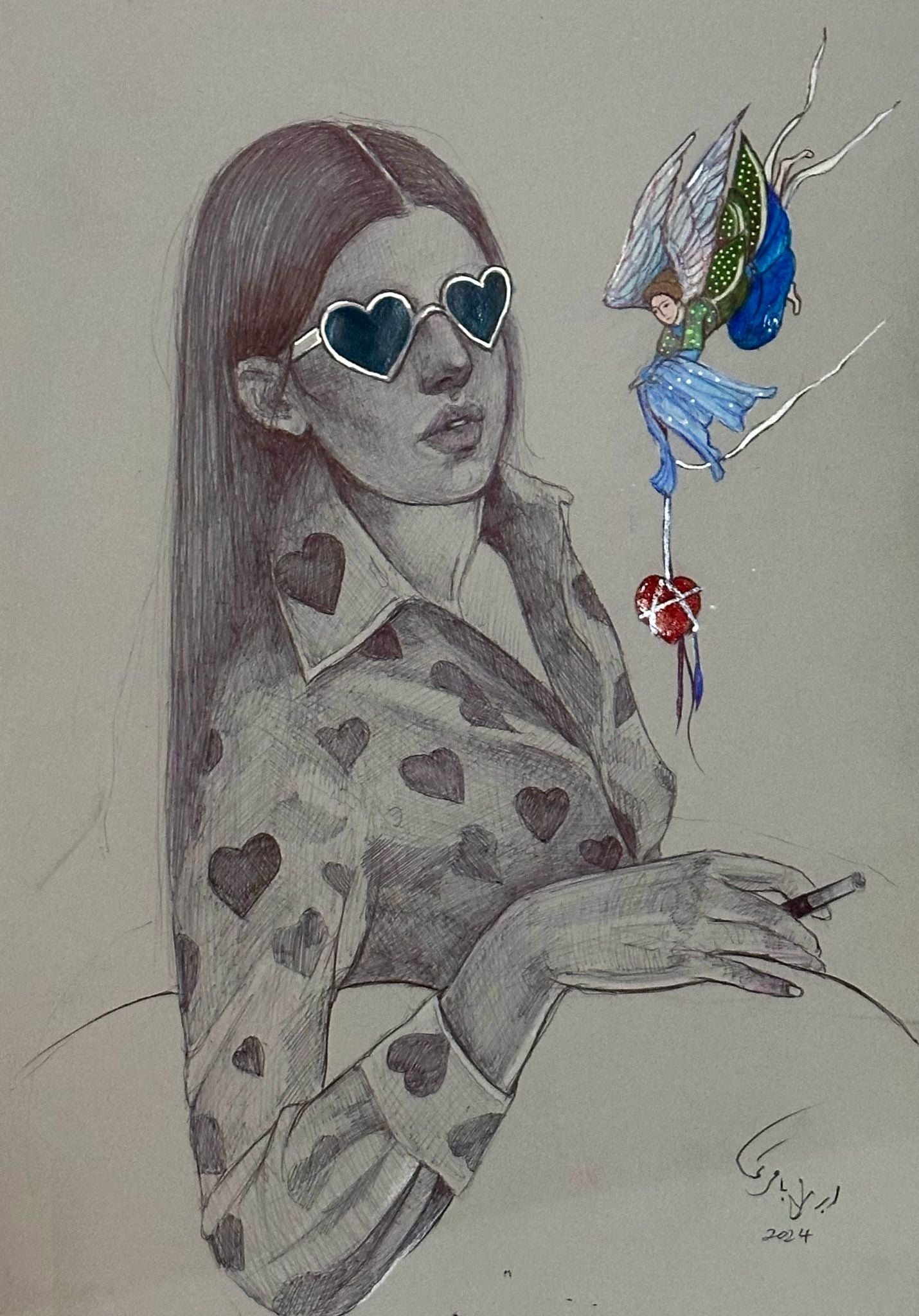 Untitled by Ebrin Bagheri - Ballpoint Pen, Colored Pencil on Paper, 18" * 14"