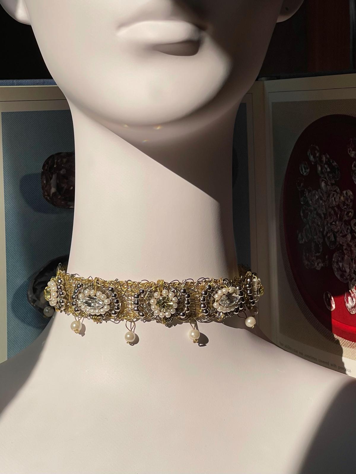 Brass Elegance Choker & Headpiece with Crystals and Pearl by Sareh Ghomi