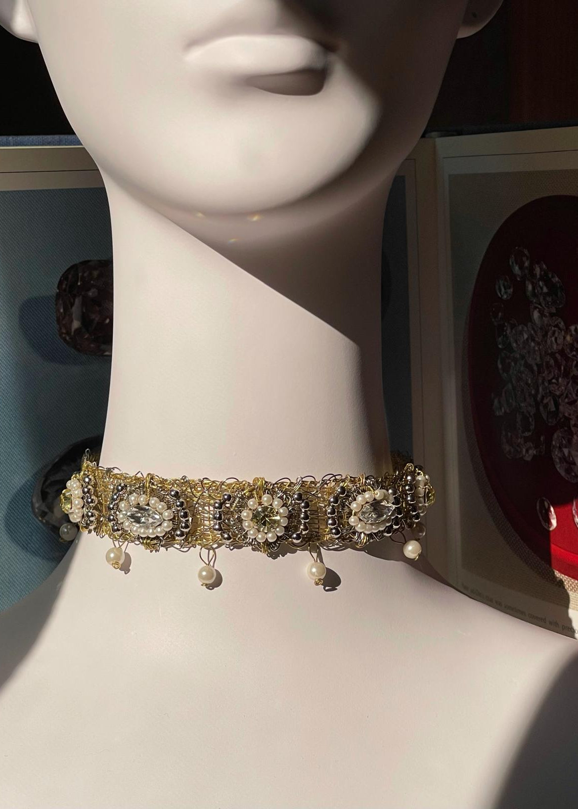 Brass Elegance Choker & Headpiece with Crystals and Pearl by Sareh Ghomi
