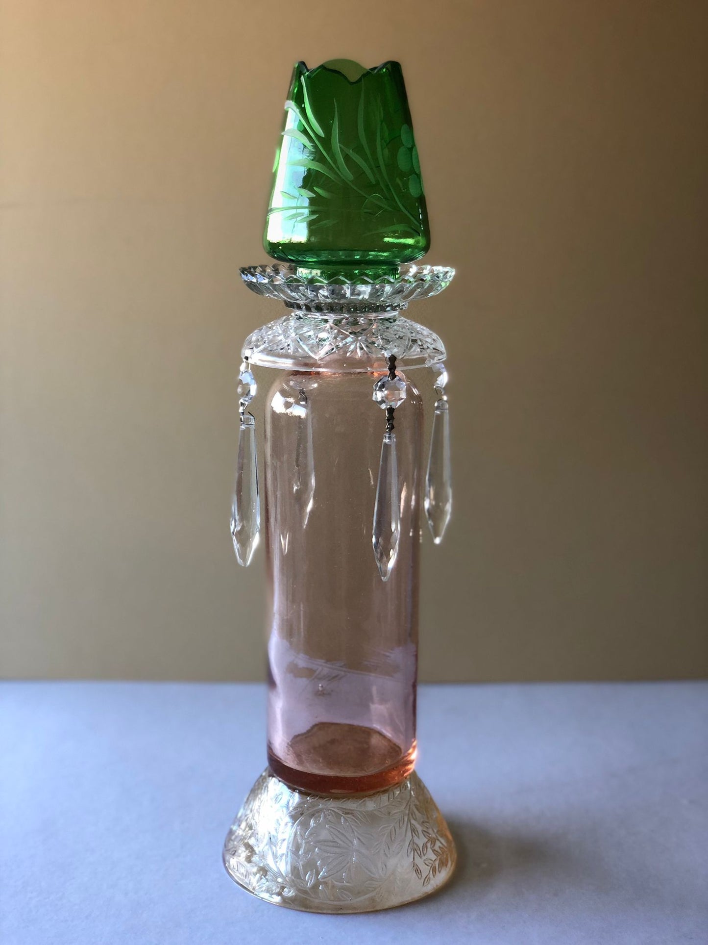 Vintage-Inspired Crystal Candle Holder with Green Tulip Top by BolourJan