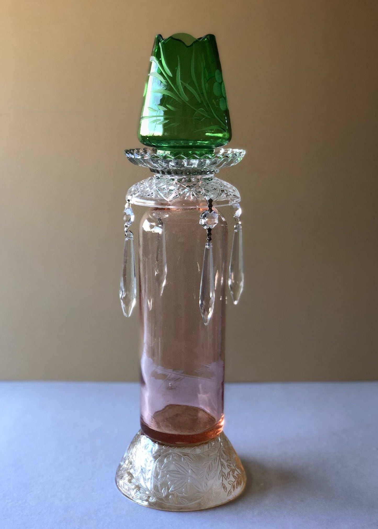 Vintage-Inspired Crystal Candle Holder with Green Tulip Top by BolourJan