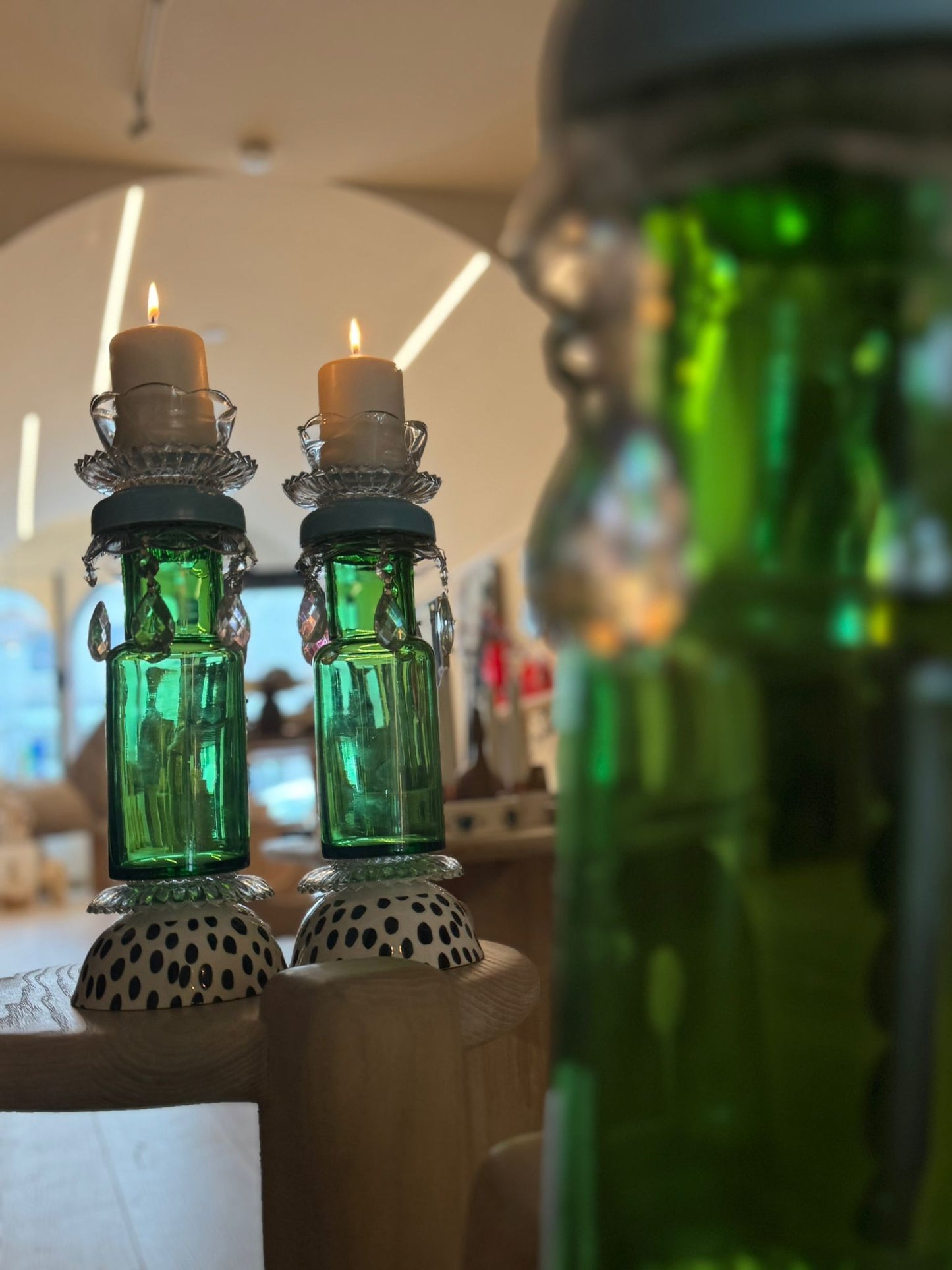 Upcycled Crystal Candle Holder with a Green Glass Body by BolourJan (Pair)