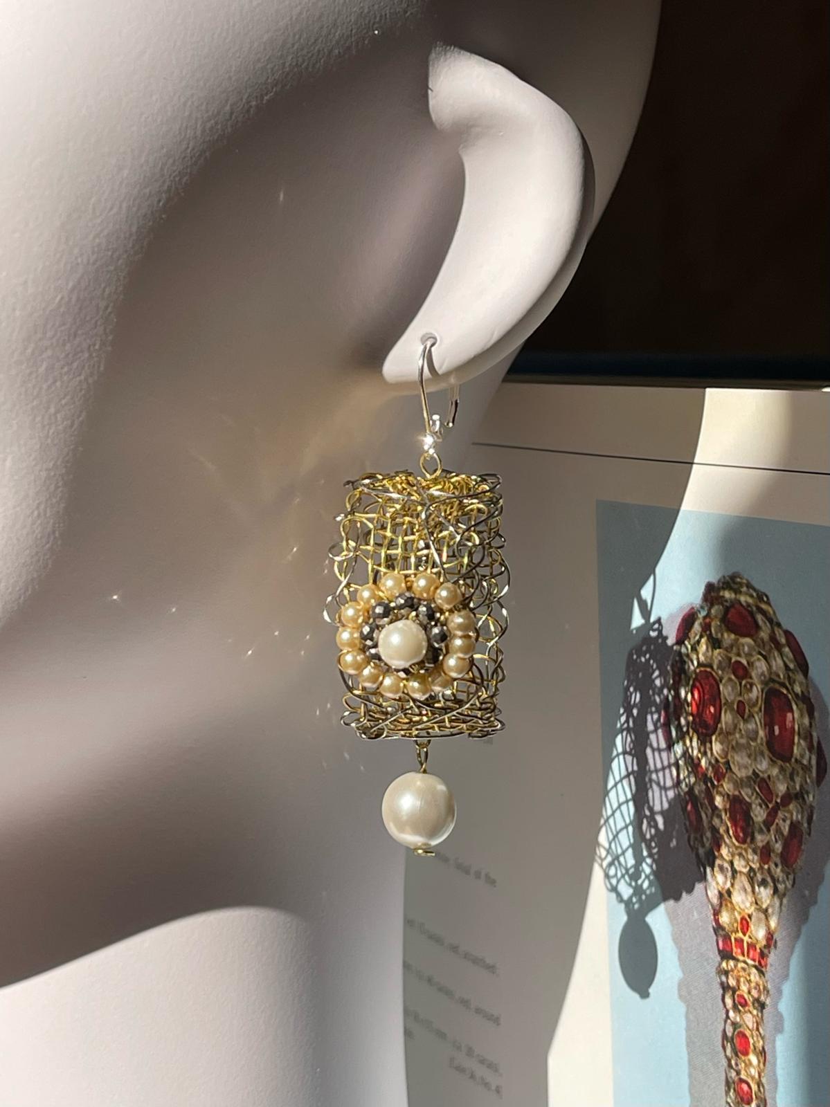 Artisan Brass Earrings with Hematite and Pearls by Sareh Ghomi