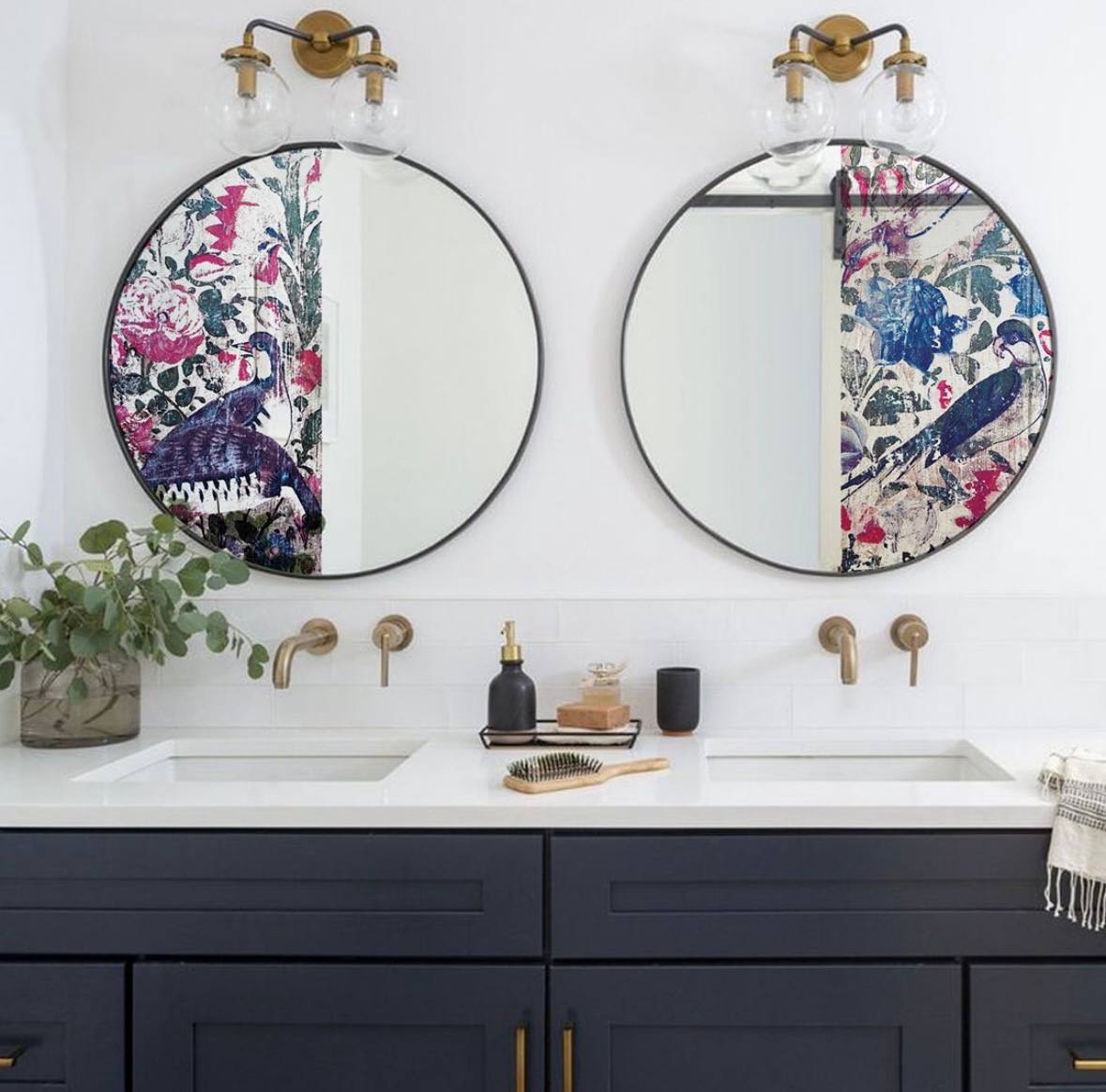 Circle mirrors with metal frame and digital print.