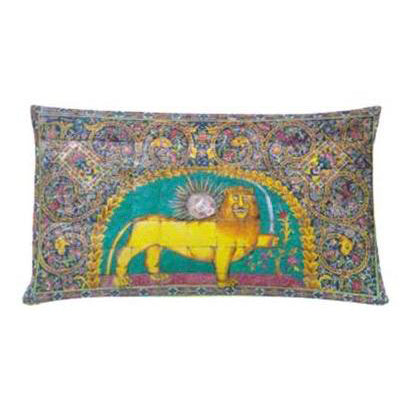 cushion with colorful pattern and lion in center.