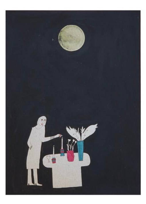 Dark night and full moon. a person is lighting a candle.