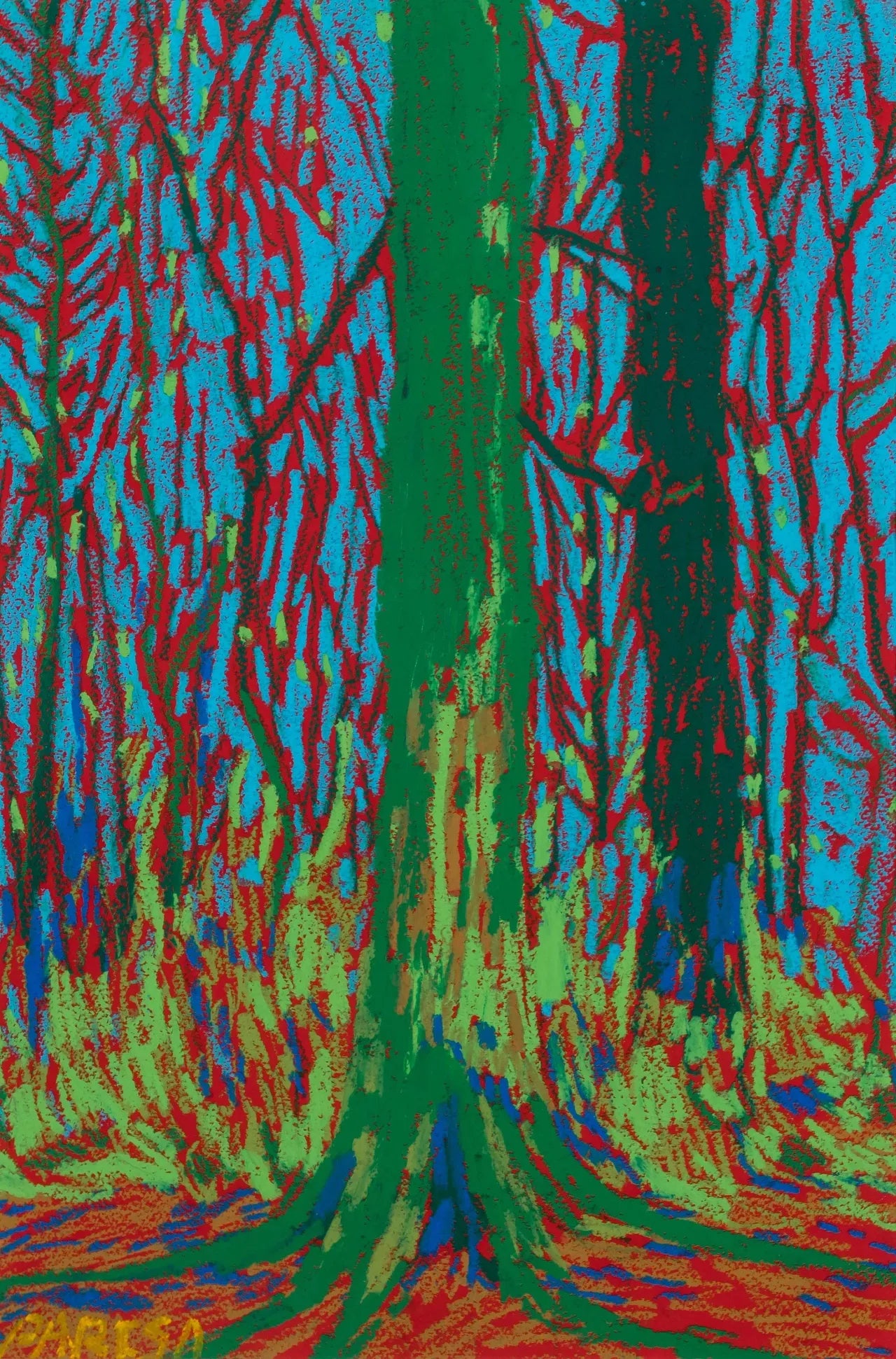 "Forest of Light Series" Painting by Parisa Shojazadeh- Oil Pastel on Cardboard 16.14" H × 11.42" W