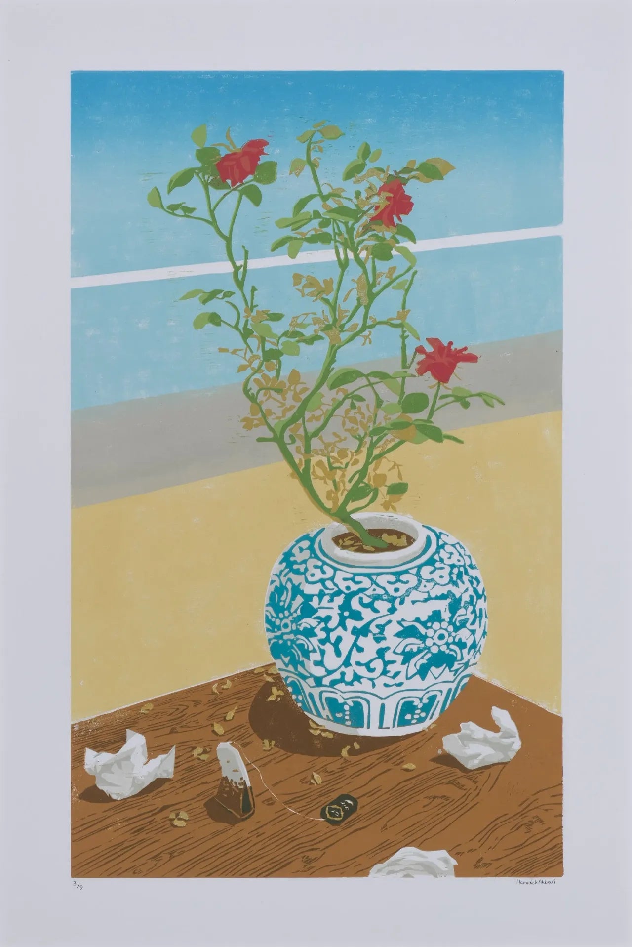 "Two days away from leaving" Painting by Hamideh Akbari- Oil Pastel on Cardboard (H: 35.43″ × W: 23.62″)