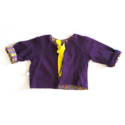Purple jacket with colorful lining.