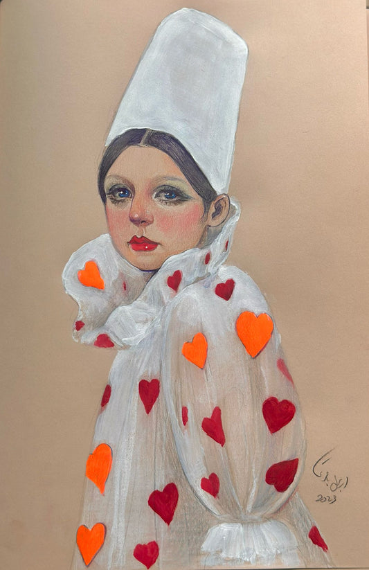 A woman in white dress and white long hat. Red hearts are on her dress. the eyes and lips shining. 