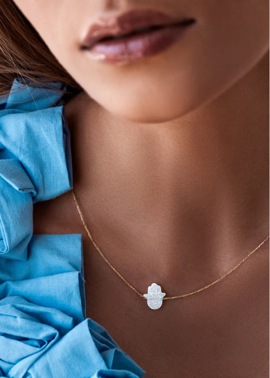 Oyster White Hamsa Hand Necklace 18k by Tille