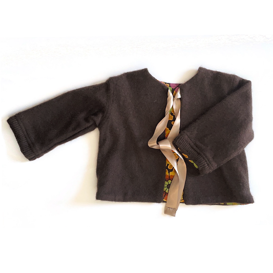 Brown wool jacket with colorful lining.