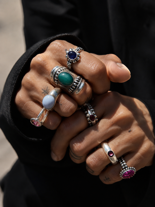 Handmade Silver Narrow dumbbell ring with ruby stone by Sun Nafissi