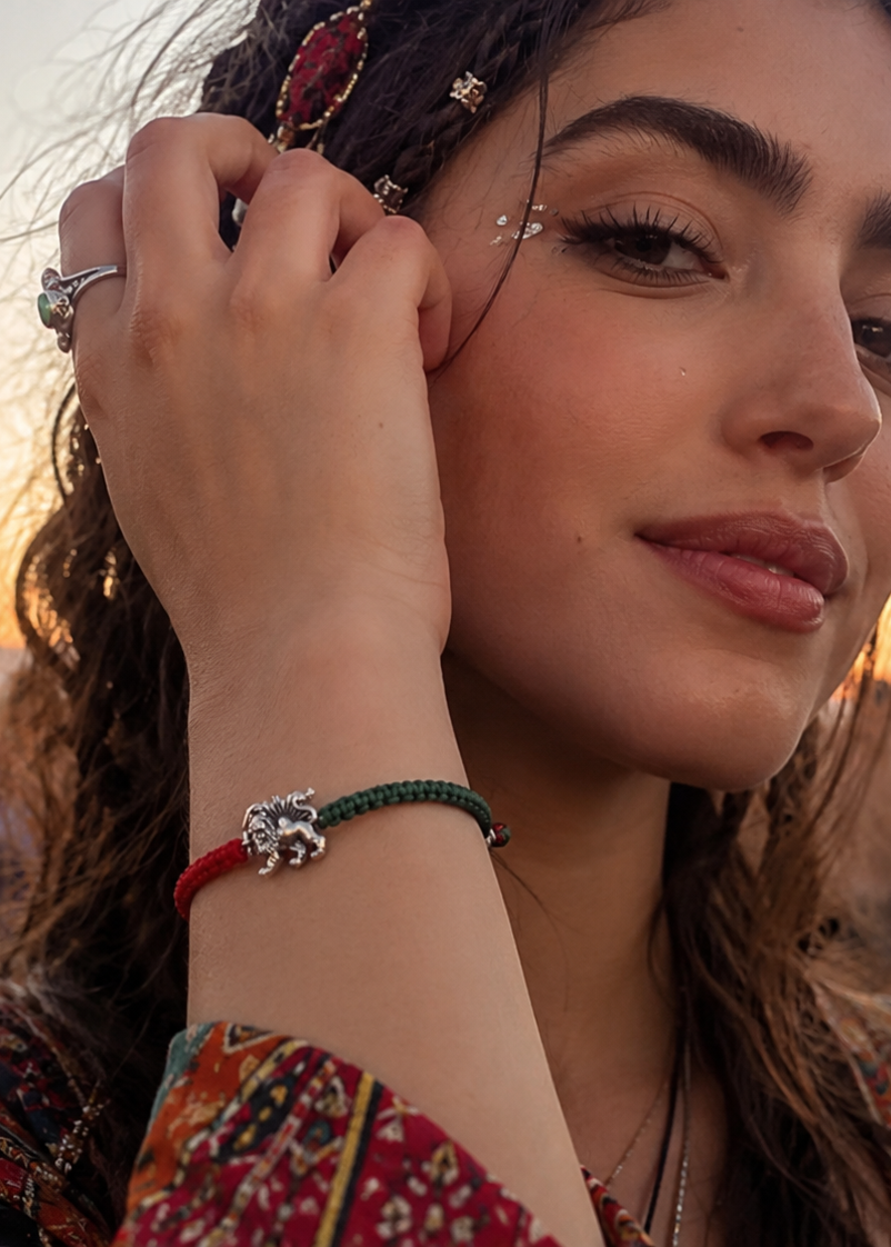 Handmade Silver Lion and Sun cord bracelet by Sun Nafissi