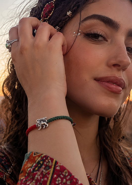 Handmade Silver Lion and Sun cord bracelet by Sun Nafissi