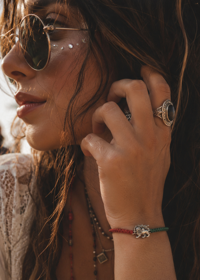 Handmade Silver Lion and Sun cord bracelet by Sun Nafissi