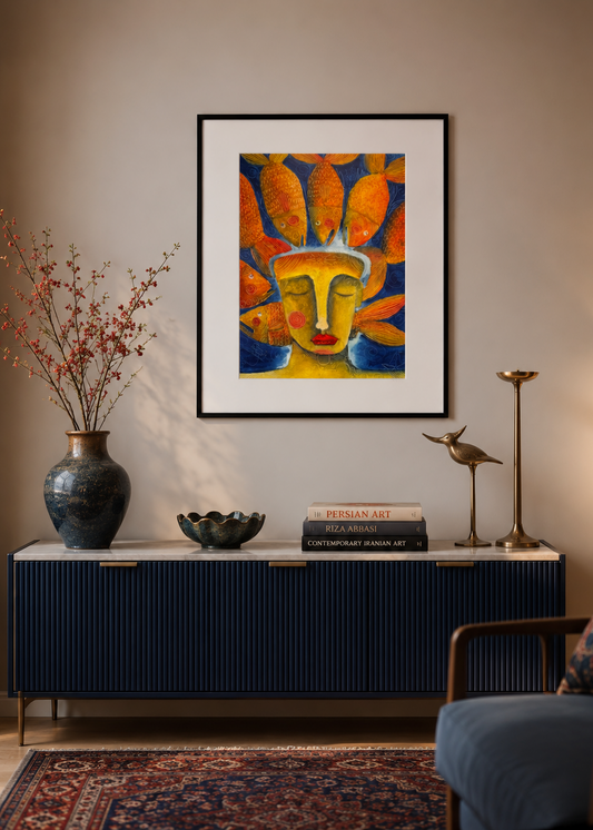 "Fish Crown" by Jorge Rojas, Acrylic on Cardboard, (15.75" × 11.81")