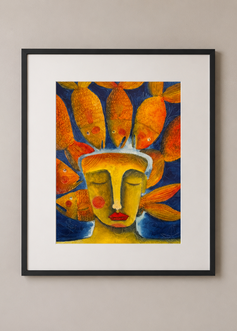 "Fish Crown" by Jorge Rojas, Acrylic on Cardboard, (15.75" × 11.81")